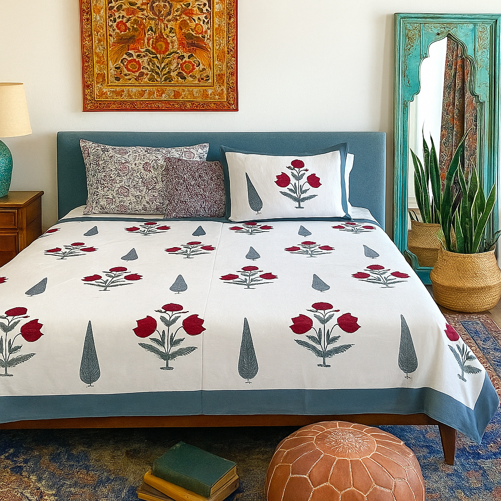 Hand Block Printed Pure Cotton Bedsheet – Crimson Rose Charm | Sustainable