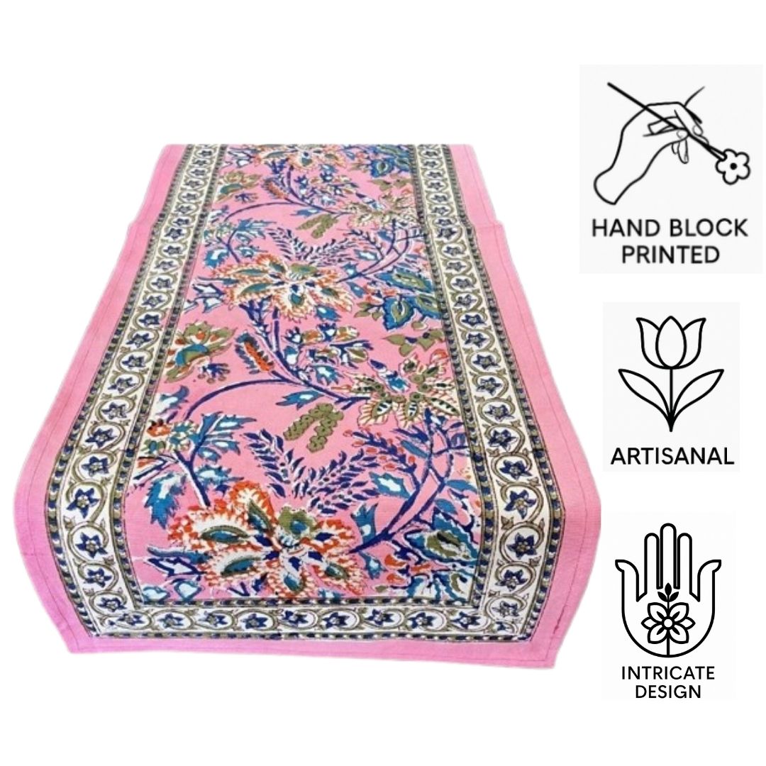 Artisanal Hand Block Printed Cotton Table Runner – Pink Meadow Bloom |  Sustainable