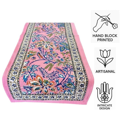 Artisanal Hand Block Printed Cotton Table Runner – Pink Meadow Bloom |  Sustainable