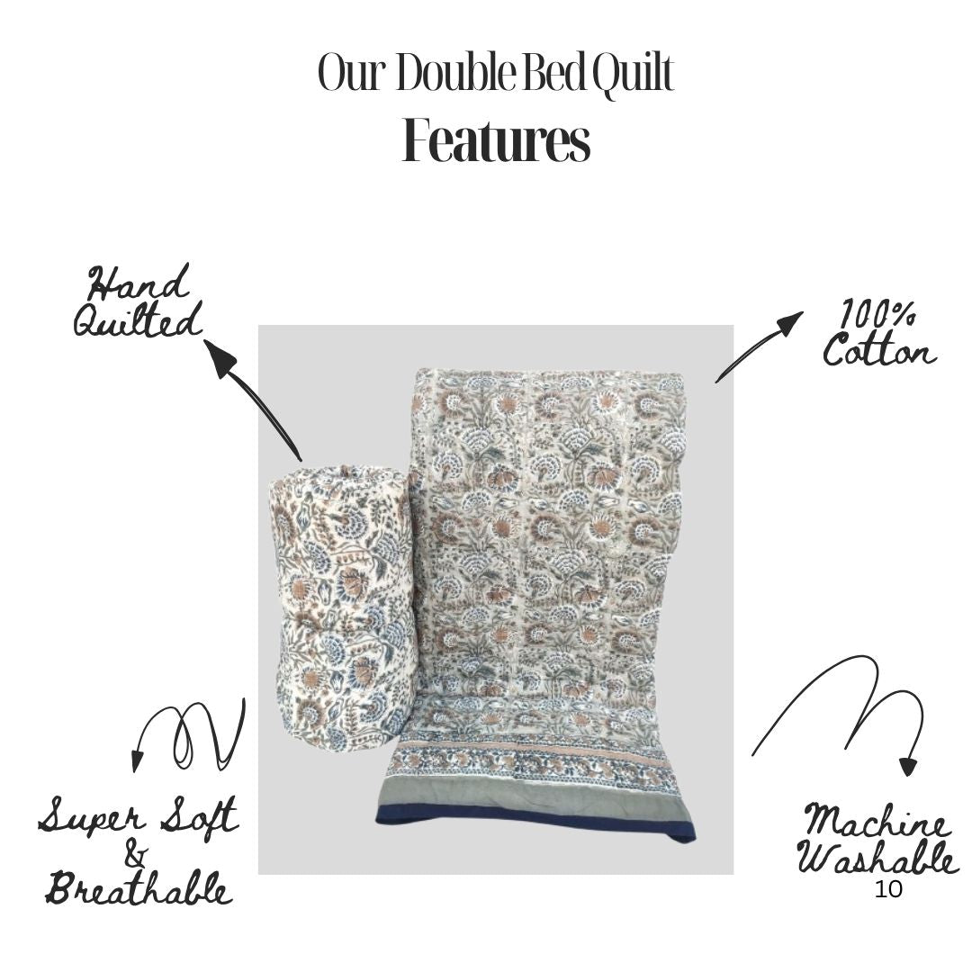 Sandstone Bloom Elegance Jaipur Hand Block Printed Cotton Reversible Quilt |  Lightweight & Hand Quilted