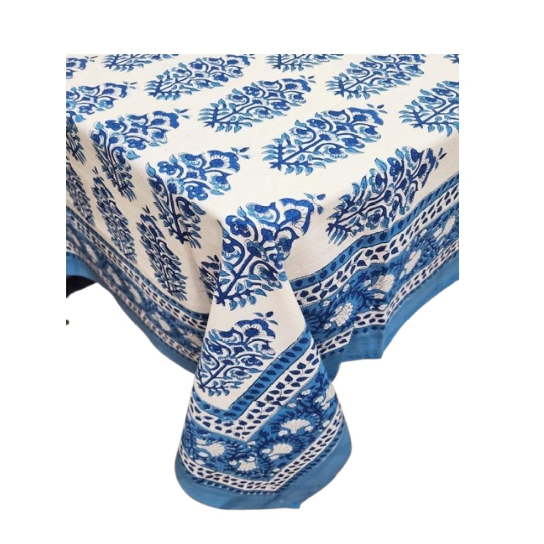 Blue Floral Hand Block Printed Canvas Table Cover | Artisanal Eco friendly & Durable