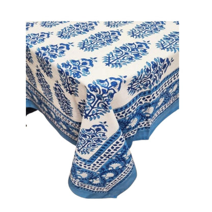 White & Blue Floral Hand Block Printed Canvas Table Cover | Artisanal Eco friendly & Durable | Custom Made for Bulk Orders