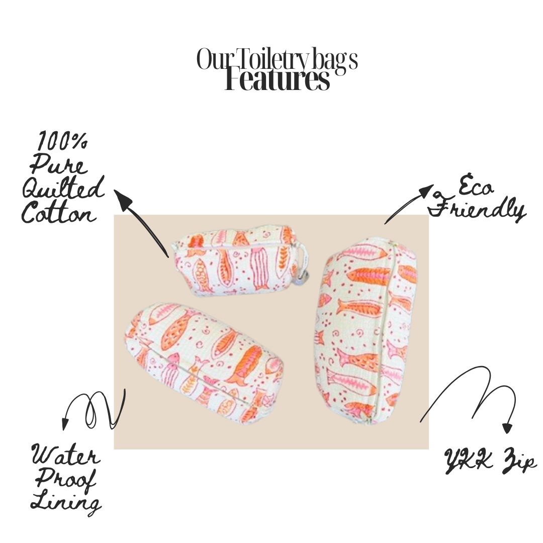 Hand Block Printed Quilted Cotton Toiletry Bag Set of 3 – Coral Fish | Eco-Friendly Travel Organizer