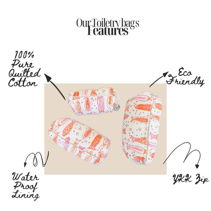 Hand Block Printed Quilted Cotton Toiletry Bag Set of 3 – Coral Fish | Eco-Friendly Travel Organizer