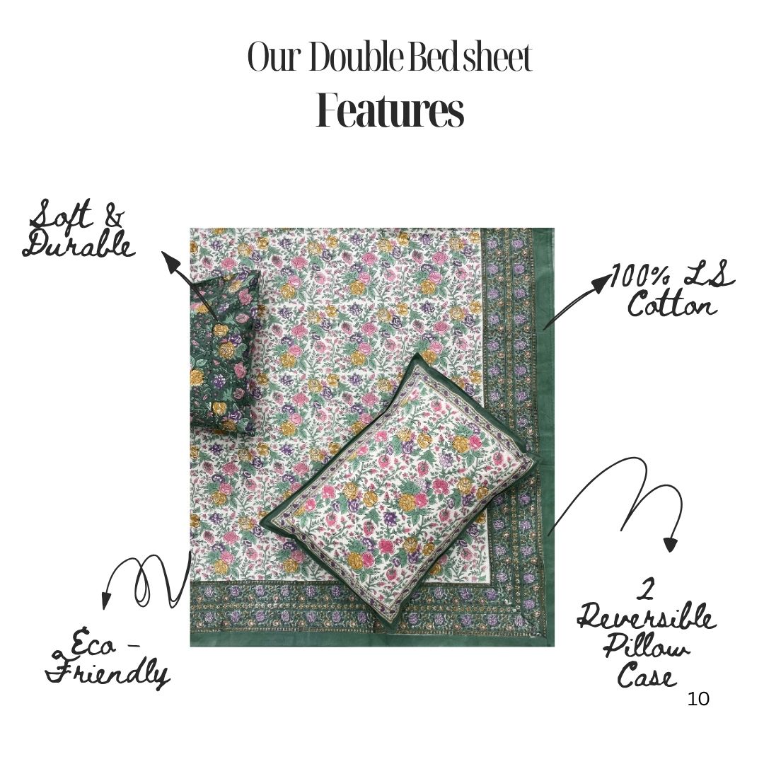 Hand Block Printed Cotton Bedsheet – Floral Meadow | Eco-Friendly | Artisanal Craft