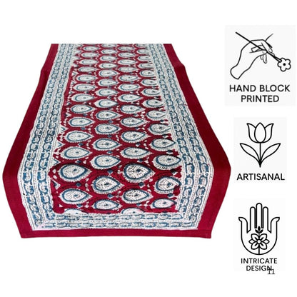 Indian Hand Block Printed Canvas Table Runner| Madder Red & Indigo Floral Design