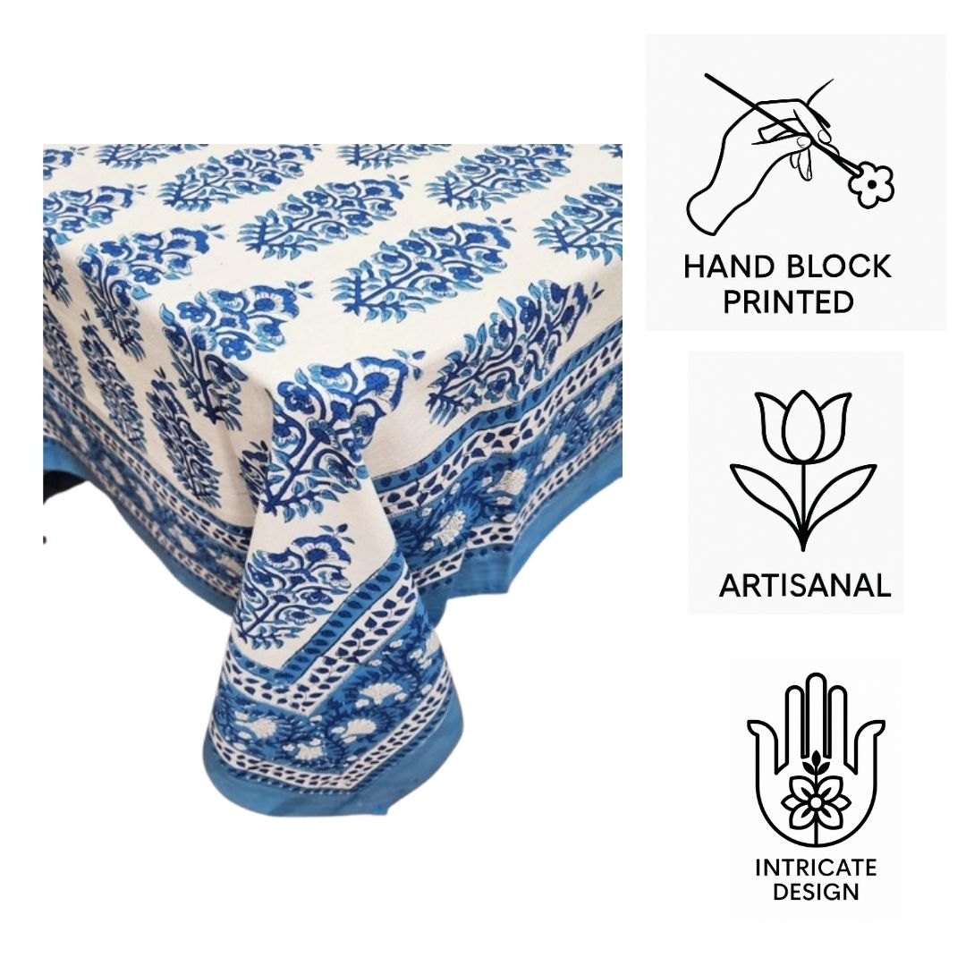 Blue Floral Hand Block Printed Canvas Table Cover | Artisanal Eco friendly & Durable