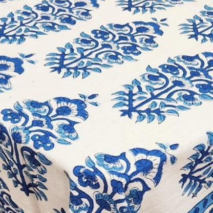 White & Blue Floral Hand Block Printed Canvas Table Cover | Artisanal Eco friendly & Durable | Custom Made for Bulk Orders