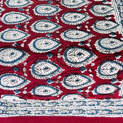 Indian Hand Block Printed Canvas Table Runner| Madder Red & Indigo Floral Design