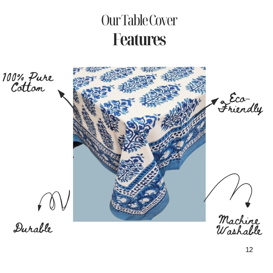 Blue Floral Hand Block Printed Canvas Table Cover | Artisanal Eco friendly & Durable