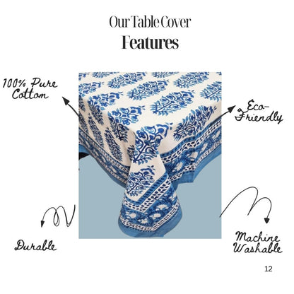White & Blue Floral Hand Block Printed Canvas Table Cover | Artisanal Eco friendly & Durable | Custom Made for Bulk Orders