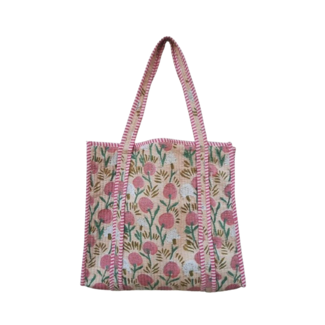 Hand Block Printed Quilted Cotton Tote Bag | Peach Meadow Floral Heritage Design