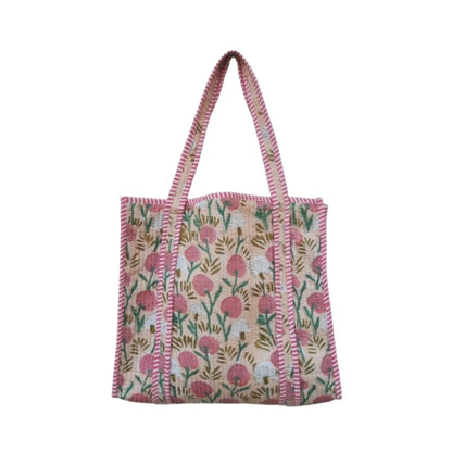 Hand Block Printed Quilted Cotton Tote Bag | Peach Meadow Floral Heritage Design