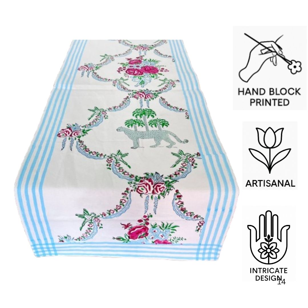 Artisanal Hand Block Printed Cotton Table Runner – Safari Garden | Sustainable