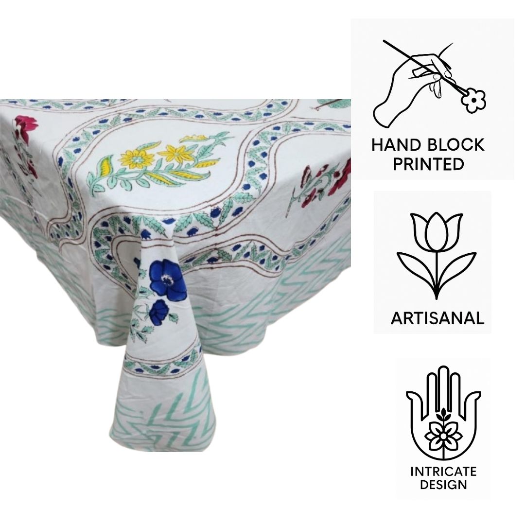 Hand Block Printed Cotton Table Cover – Meadow Bloom | Artisanal & Sustainable
