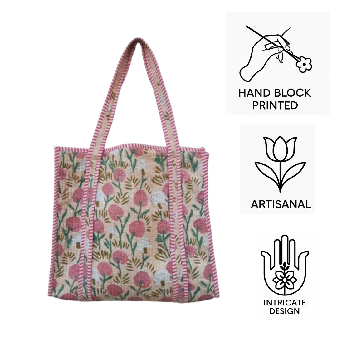 Hand Block Printed Quilted Cotton Tote Bag | Peach Meadow Floral Heritage Design