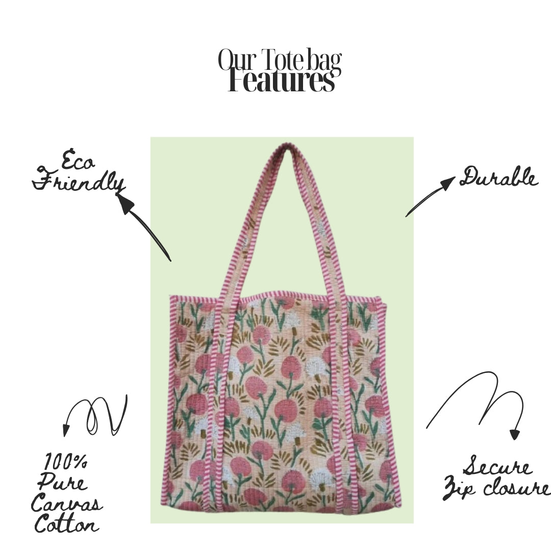Hand Block Printed Quilted Cotton Tote Bag | Peach Meadow Floral Heritage Design