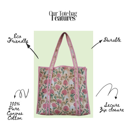 Hand Block Printed Quilted Cotton Tote Bag | Peach Meadow Floral Heritage Design