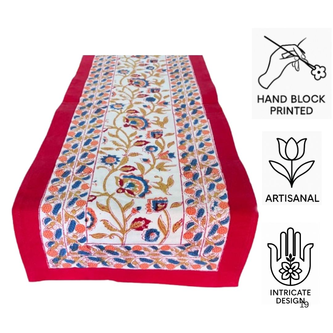 Artisanal Hand Block Printed Cotton Table Runner – Jaipur Blossom Trail | Eco- Friendly