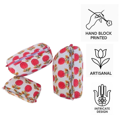 Hand Block Printed Quilted Cotton Toiletry Bag Set of 3 – Scarlet Bloom | Eco-Friendly Travel Organizer