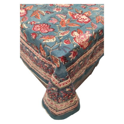 Teal & Red Hand Block Printed Cotton Table Cover – Meadow Bloom | Artisanal Wholesale Table Covers