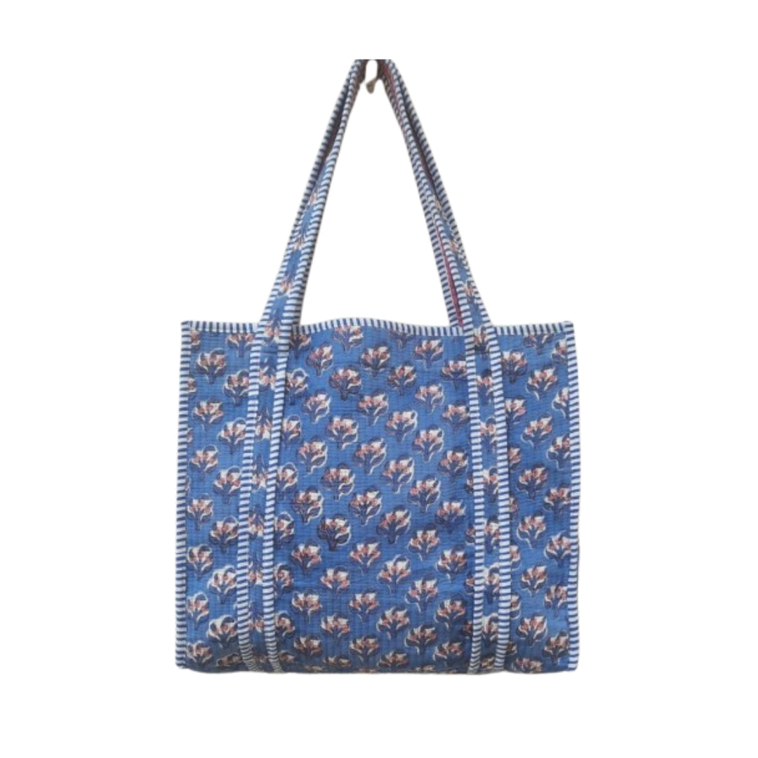 Hand Block Printed Quilted Cotton Tote Bag | Indigo Bloom Heritage Bag  | Eco friendly Machine Washable Tote bag