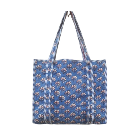 Hand Block Printed Quilted Cotton Tote Bag | Indigo Bloom Heritage Bag  | Eco friendly Machine Washable Tote bag