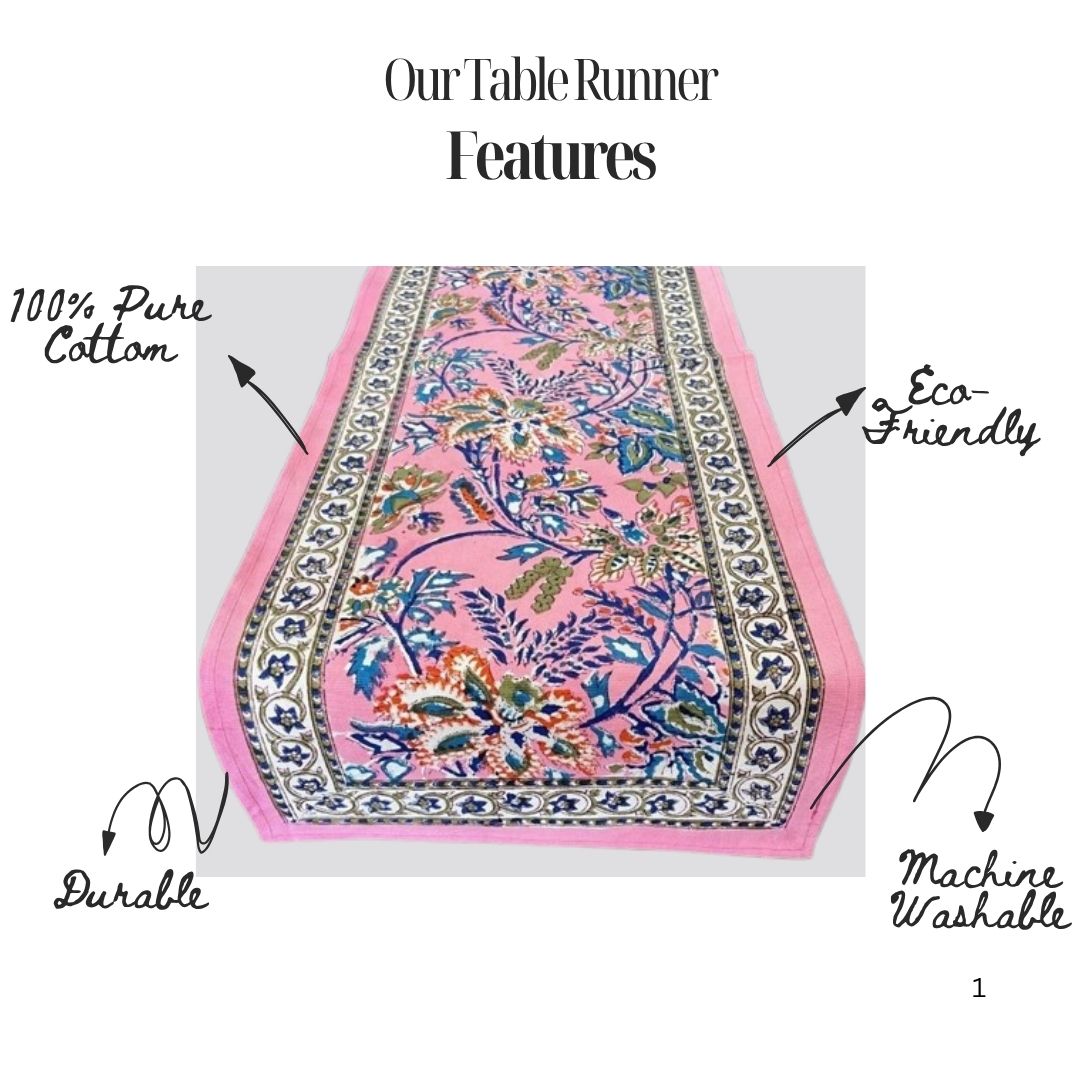 Artisanal Hand Block Printed Cotton Table Runner – Pink Meadow Bloom |  Sustainable