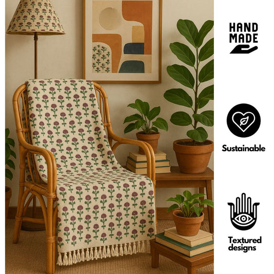 Hand Block Printed 100% Cotton Sofa Throw – White Base with Red Floral Design | TNT Fabric