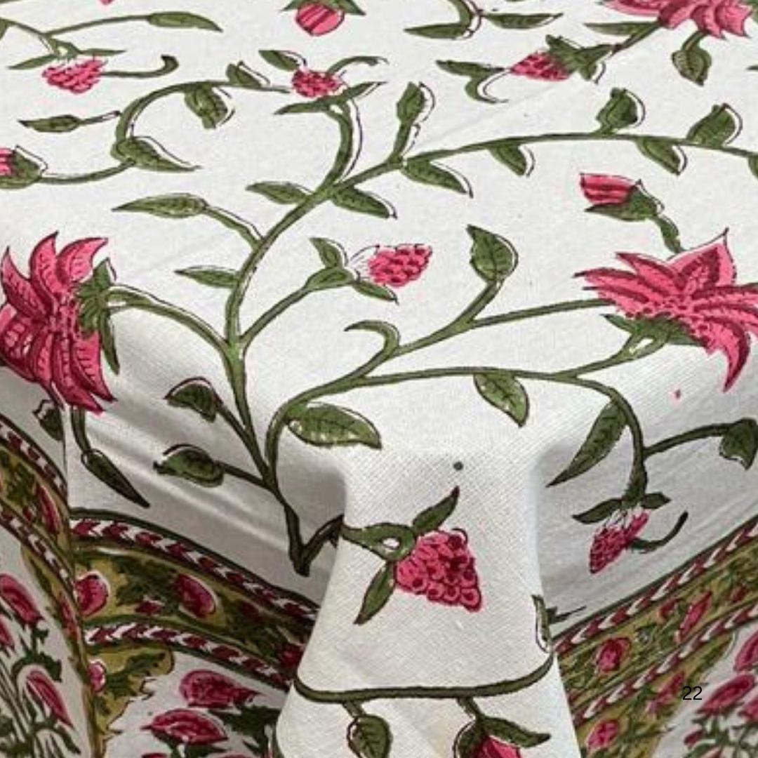 Rosette Vine Charm Hand Block Printed Cotton Table Cover |  Sustainable Dining Linen