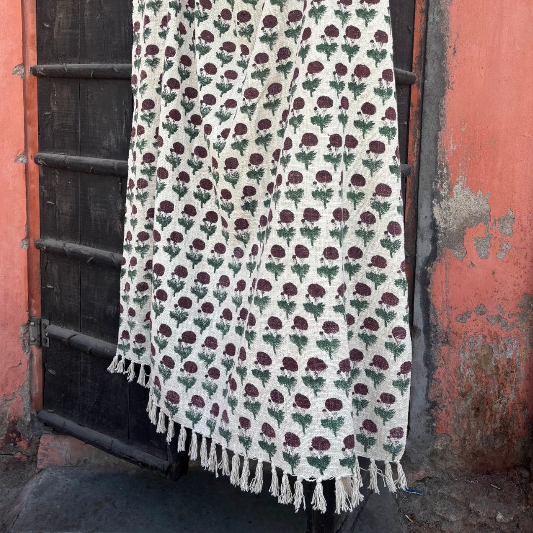 Hand Block Printed 100% Cotton Sofa Throw – White Base with Red Floral Design | TNT Fabric