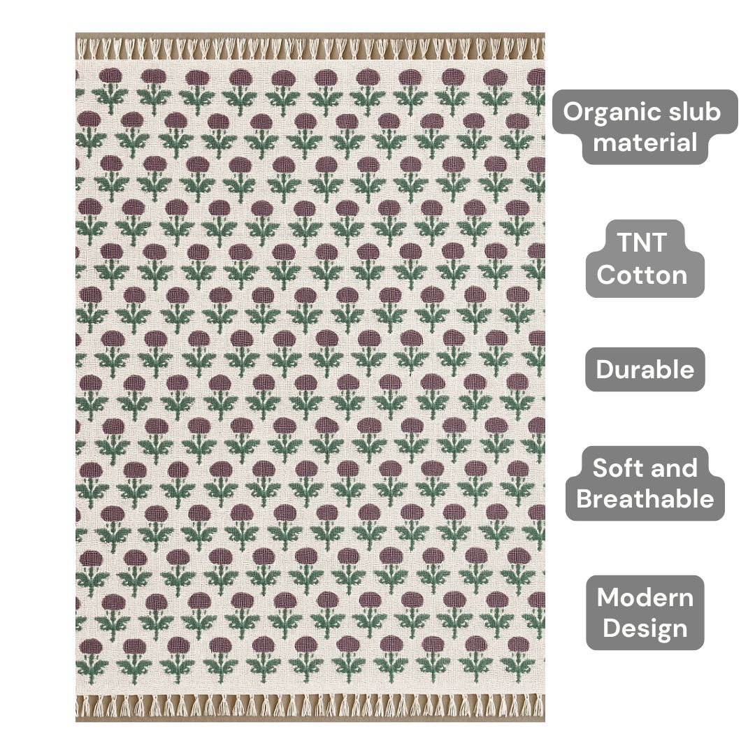 Hand Block Printed 100% Cotton Sofa Throw – White Base with Red Floral Design | TNT Fabric