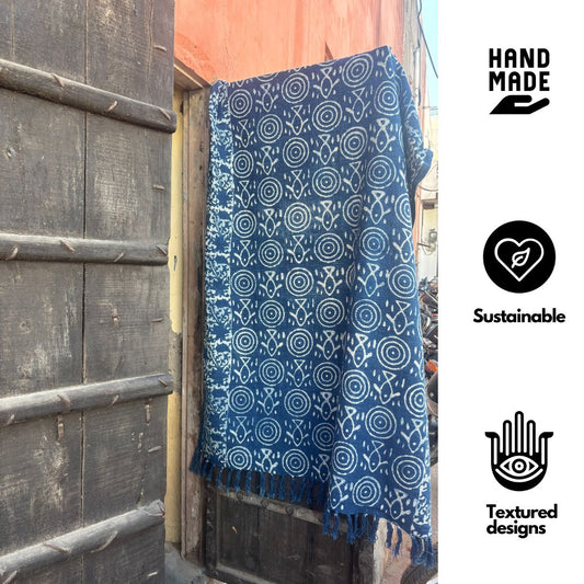 Wooden Block Printed 100% Cotton Sofa Blanket Throw – Indigo Blue Indian Folk Design | TNT Woven Cotton Pure Natural Fabric