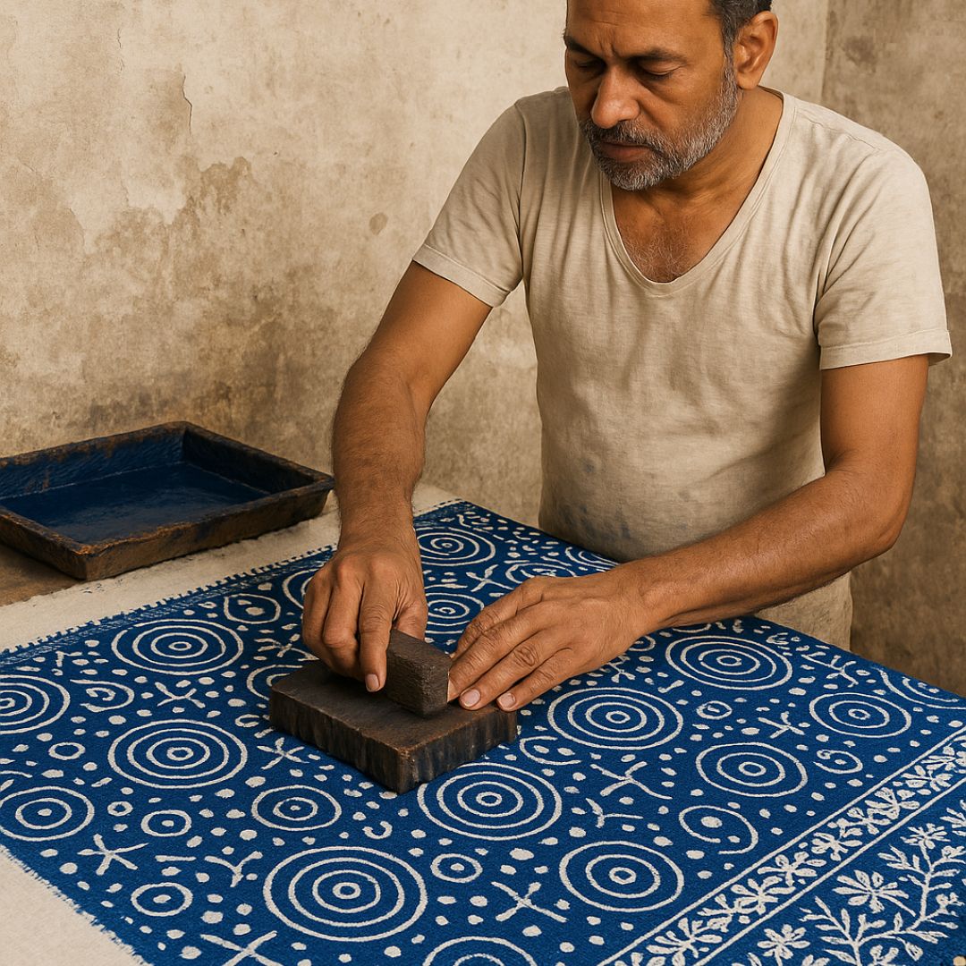 Wooden Block Printed 100% Cotton Sofa Blanket Throw – Indigo Blue Indian Folk Design | TNT Woven Cotton Pure Natural Fabric