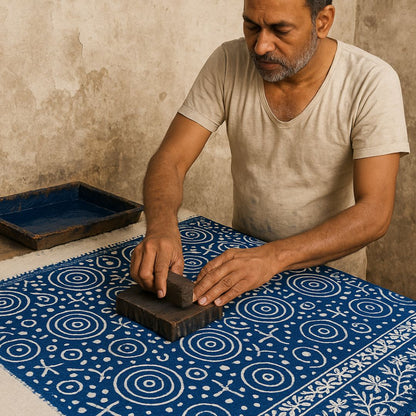Wooden Block Printed 100% Cotton Sofa Blanket Throw – Indigo Blue Indian Folk Design | TNT Woven Cotton Pure Natural Fabric