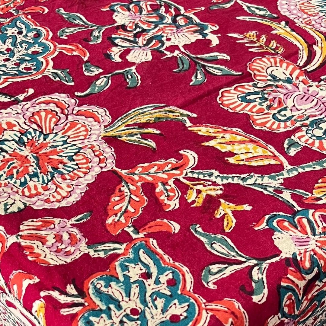 Hand Block Printed Cotton Table Cover – Crimson Garden | Artisanal & Eco-Friendly