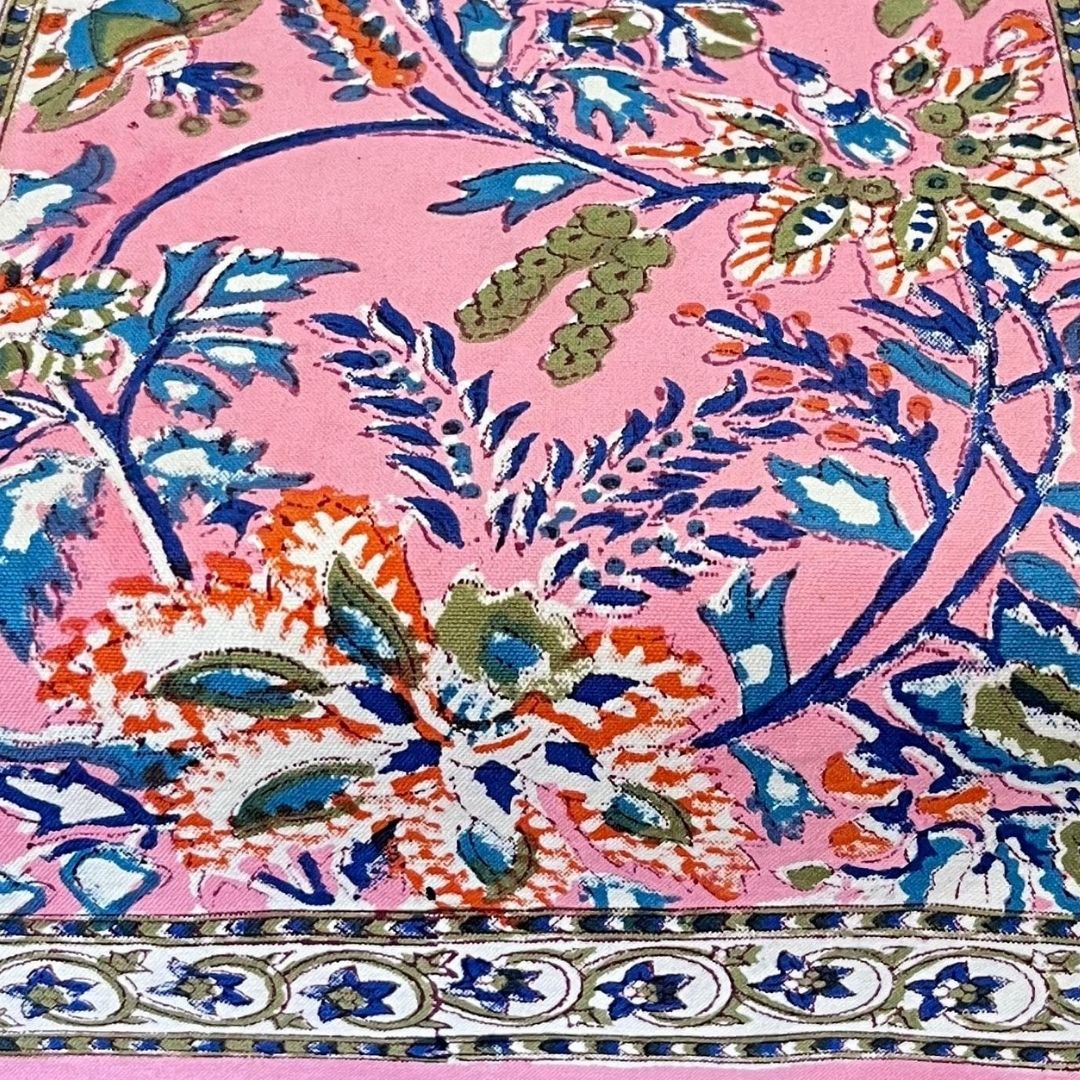 Artisanal Hand Block Printed Cotton Table Runner – Pink Meadow Bloom |  Sustainable
