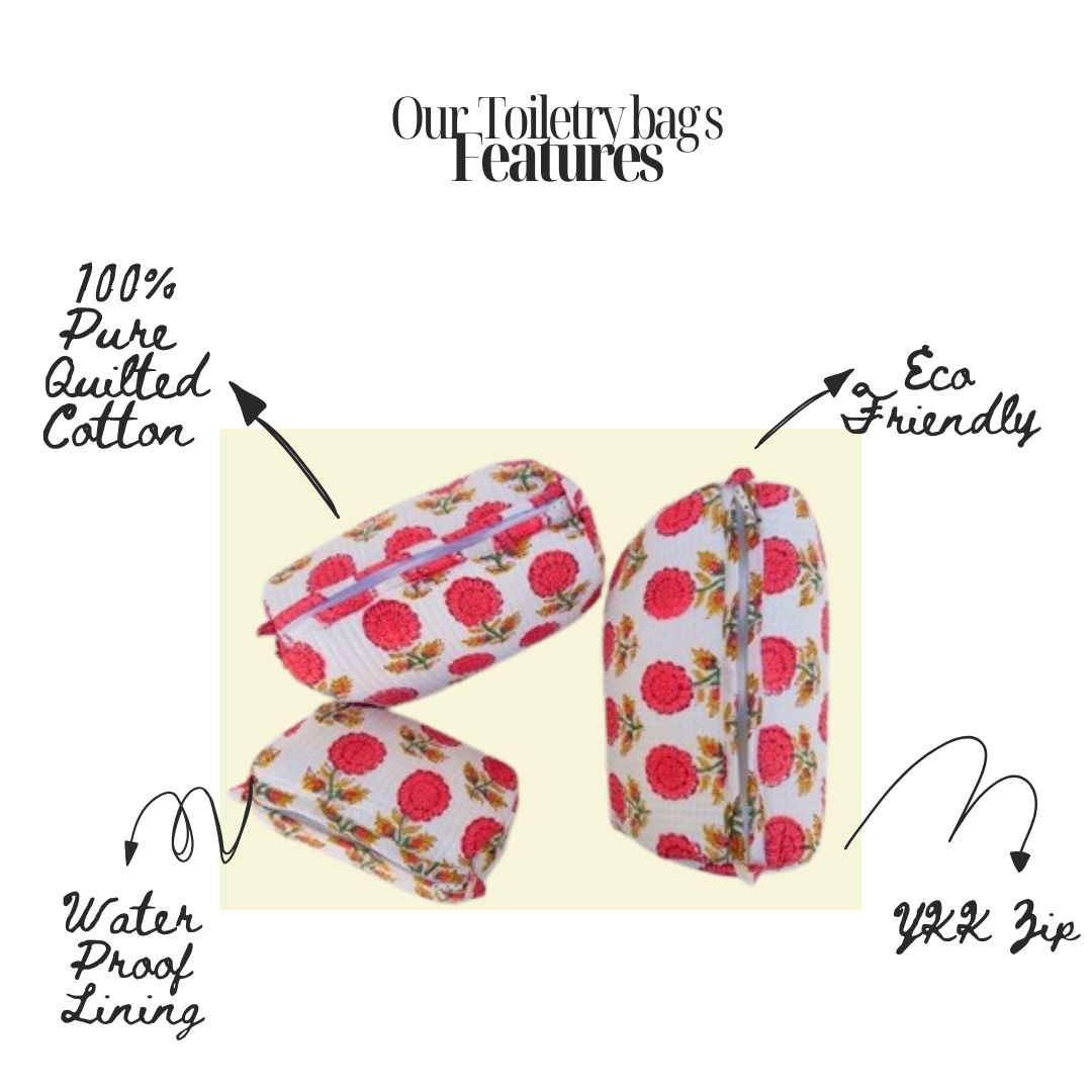 Hand Block Printed Quilted Cotton Toiletry Bag Set of 3 – Scarlet Bloom | Eco-Friendly Travel Organizer