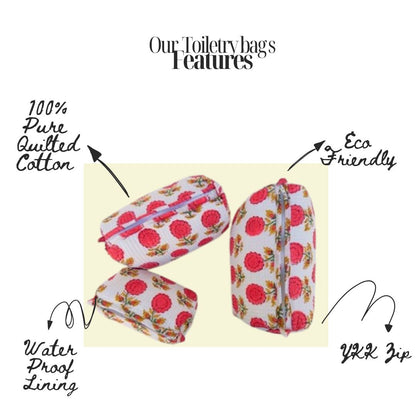 Hand Block Printed Quilted Cotton Toiletry Bag Set of 3 – Scarlet Bloom | Eco-Friendly Travel Organizer