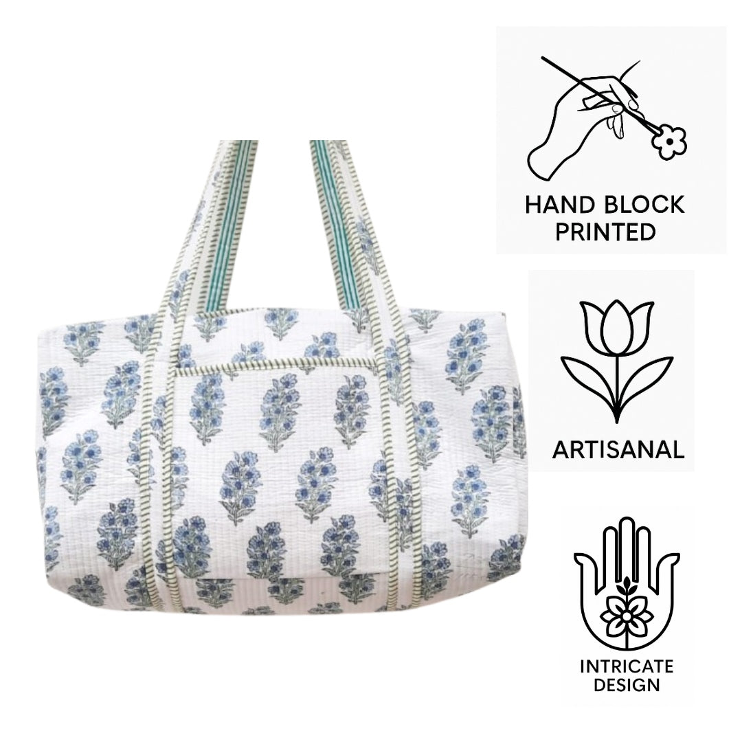 Hand Block Printed Quilted Cotton Duffle Bag – Indigo Blossom | Sustainable Travel Bag