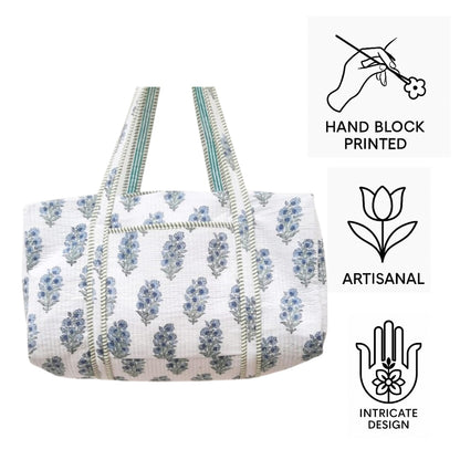 Hand Block Printed Quilted Cotton Duffle Bag – Indigo Blossom | Sustainable Travel Bag