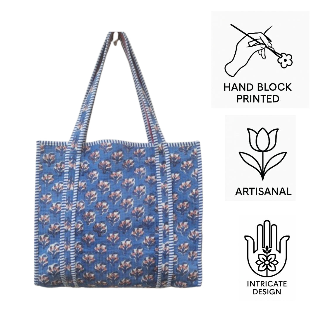 Hand Block Printed Quilted Cotton Tote Bag | Indigo Bloom Heritage Bag  | Eco friendly Machine Washable Tote bag