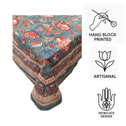 Teal & Red Hand Block Printed Cotton Table Cover – Meadow Bloom | Artisanal Wholesale Table Covers