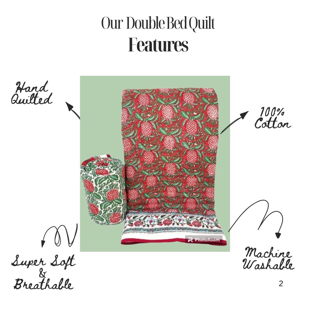 Pineapple Grove Jaipur Hand Block Printed Voile Cotton Reversible Quilt | Lightweight & Hand Quilted Comforter