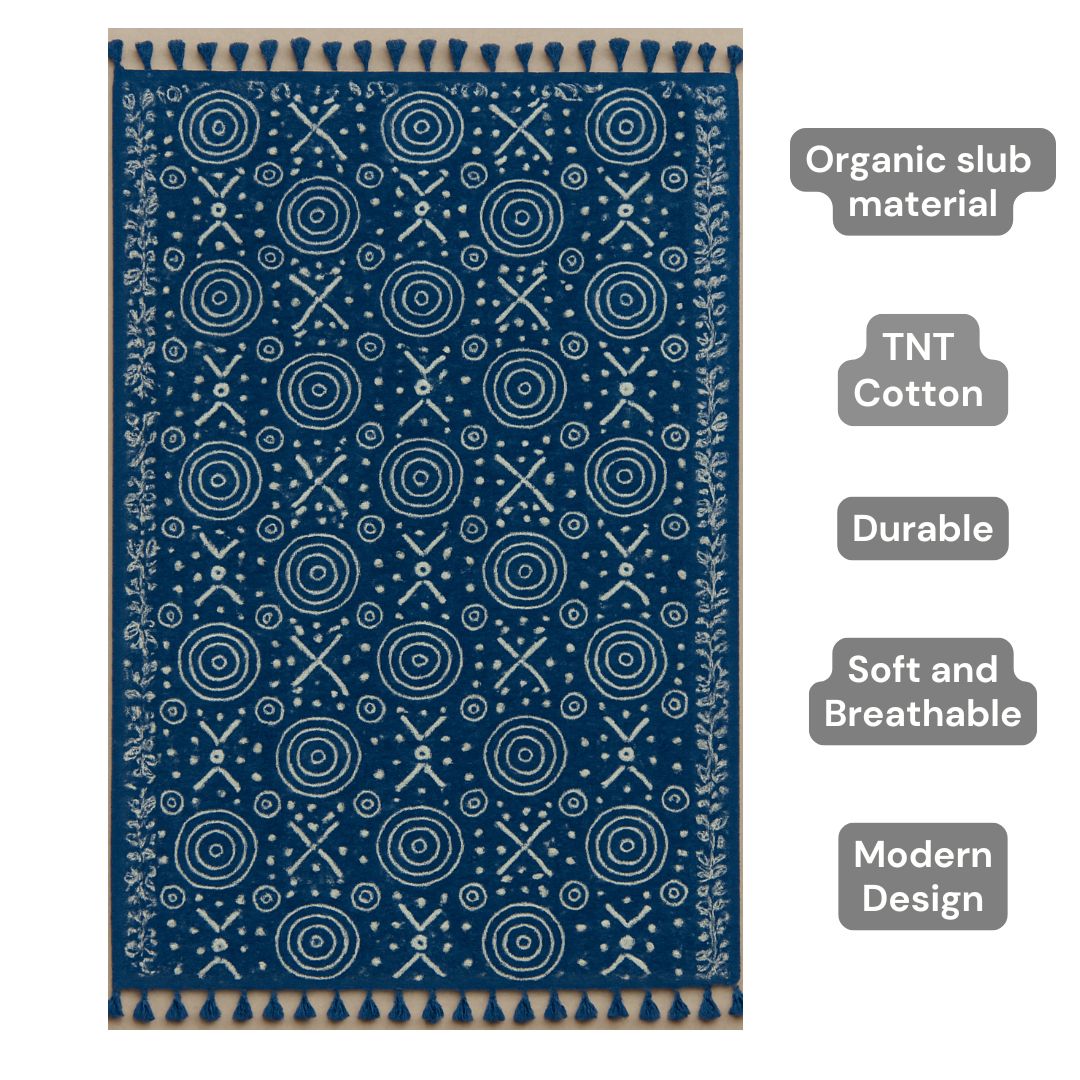 Wooden Block Printed 100% Cotton Sofa Blanket Throw – Indigo Blue Indian Folk Design | TNT Woven Cotton Pure Natural Fabric