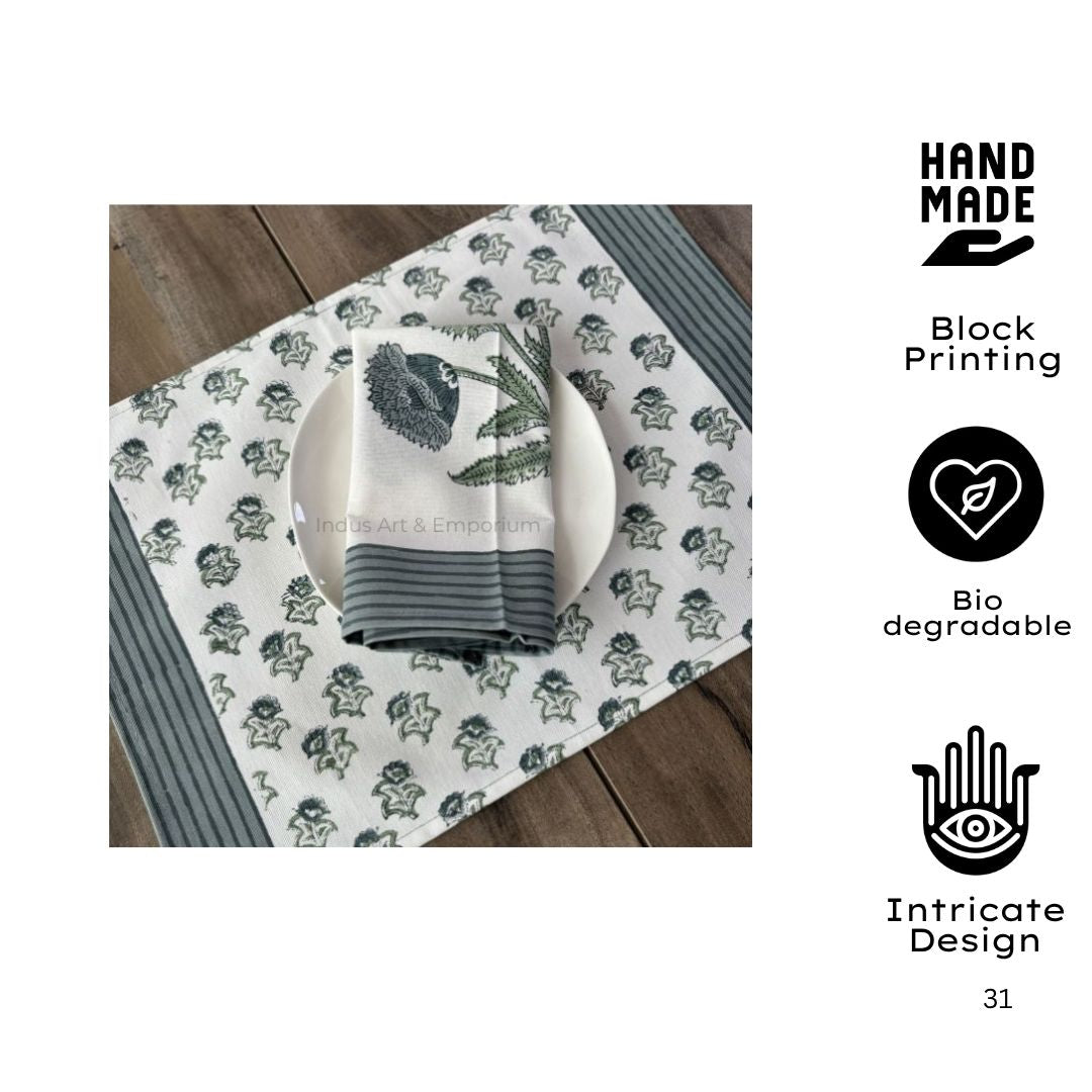 Hand Block Printed Cotton Table Napkin | Sage Bloom Botanical Elegance