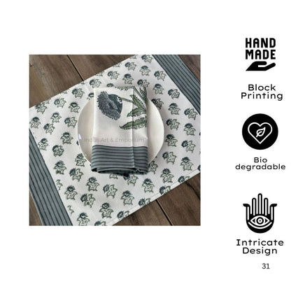 Hand Block Printed Cotton Table Napkin | Sage Bloom Botanical Elegance