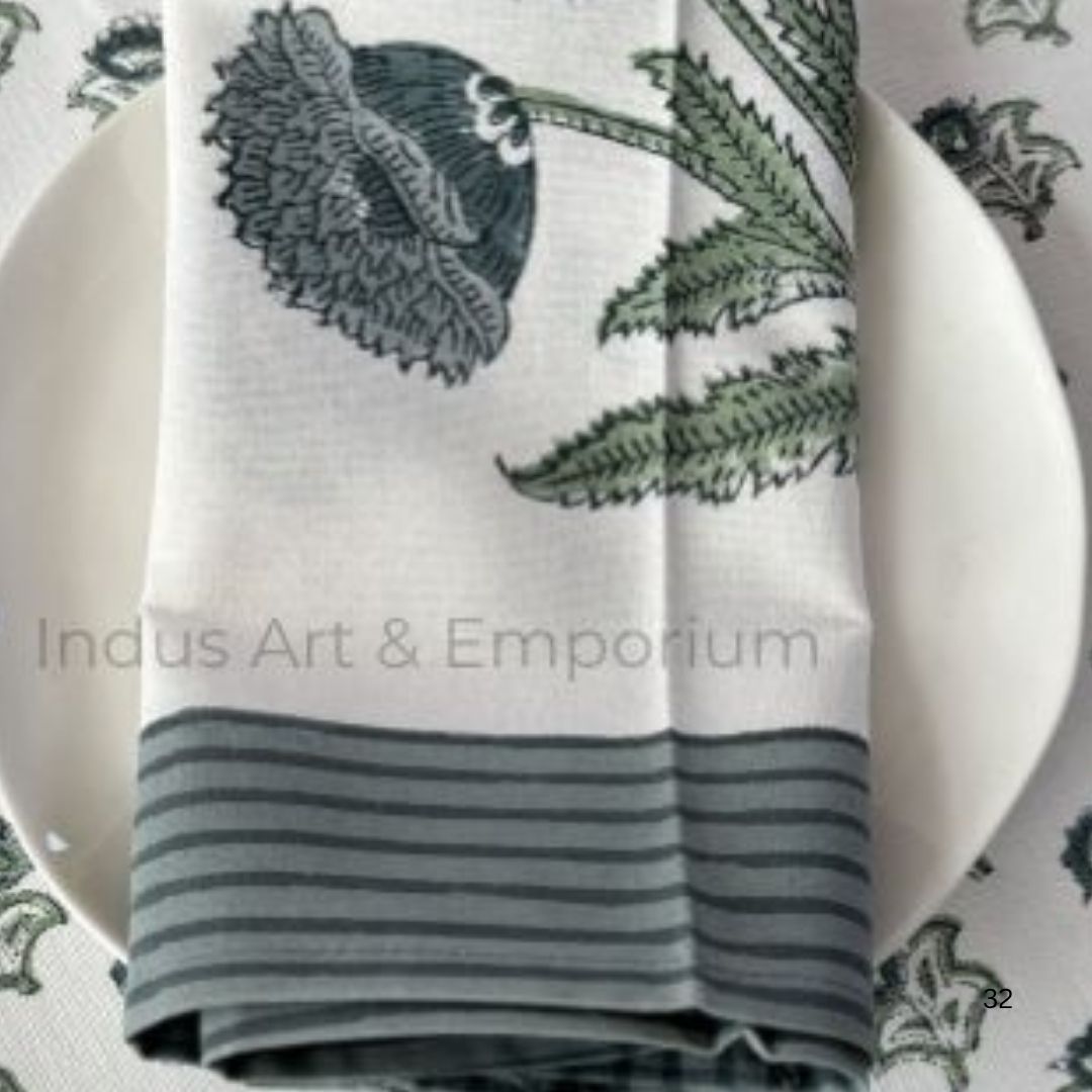 Hand Block Printed Cotton Table Napkin | Sage Bloom Botanical Elegance