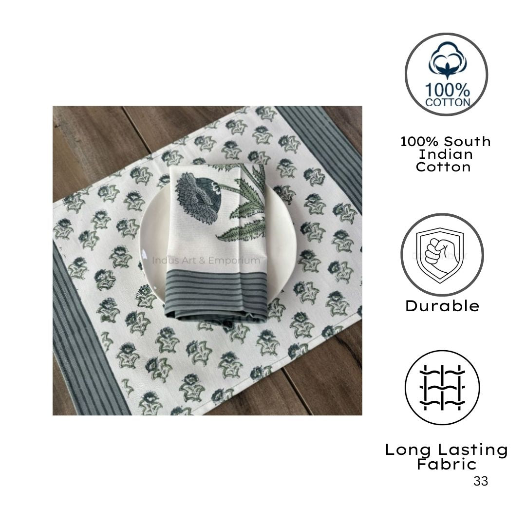 Hand Block Printed Cotton Table Napkin | Sage Bloom Botanical Elegance