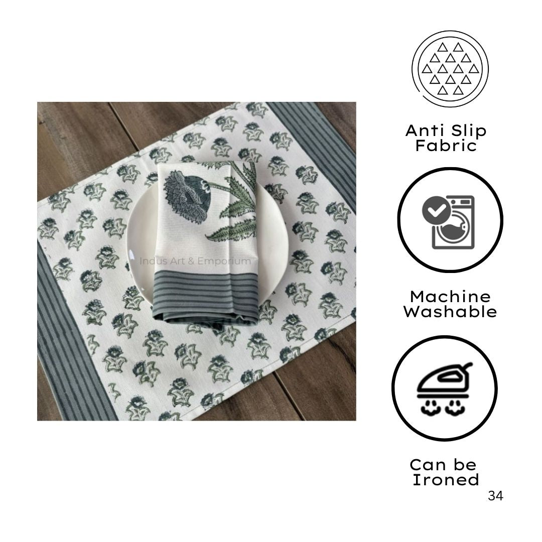 Hand Block Printed Cotton Table Napkin | Sage Bloom Botanical Elegance